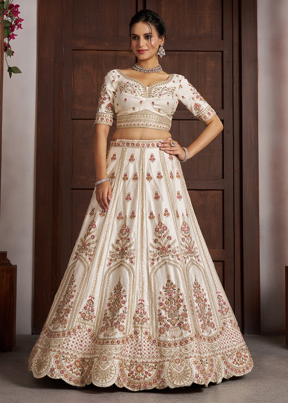 Buy Now Cream bridal Lehenga with Double Dupatta &amp; Multicolor Embroidery Online in US, UK, Canada, France, Italy, Greece, Sweden, UAE &amp; Worldwide at Empress.