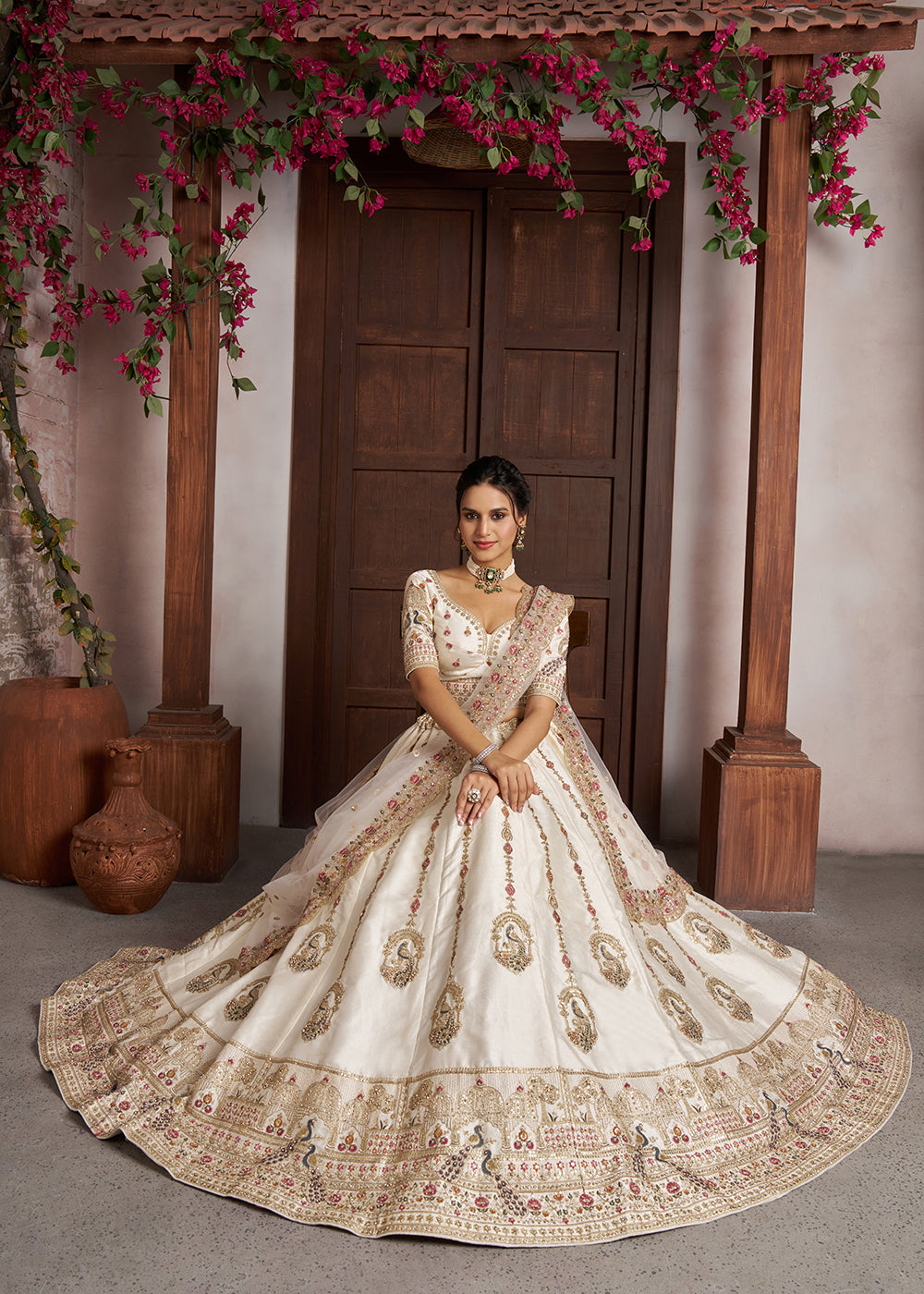 Buy Now Luxurious White Lehenga with Elegant Thread &amp; Peacock Design Online in US, UK, Canada, France, Italy, Greece, Sweden, Denmark &amp; Worldwide at Empress.