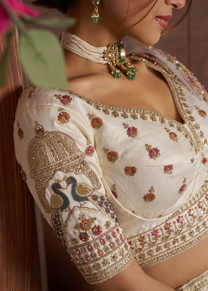 Buy Now Luxurious White Lehenga with Elegant Thread &amp; Peacock Design Online in US, UK, Canada, France, Italy, Greece, Sweden, Denmark &amp; Worldwide at Empress.