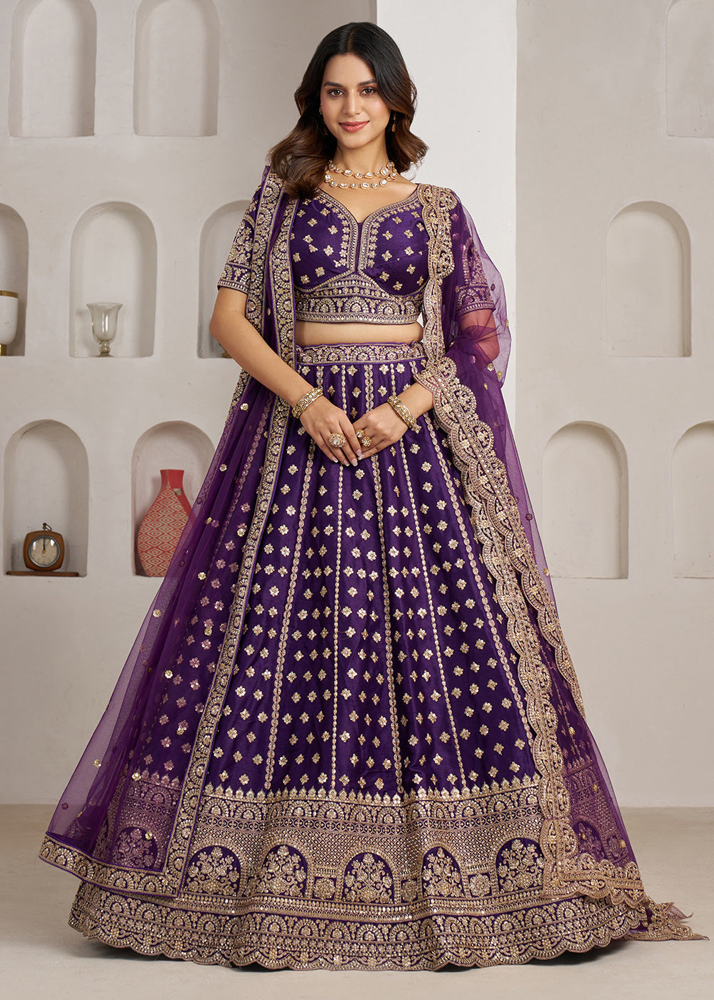 Buy Now Elegant Purple Bridal Lehenga with Double Dupatta Styling Online in US, UK, Canada, France, Italy, Greece, Sweden, Denmark, UAE & Worldwide at Empress.