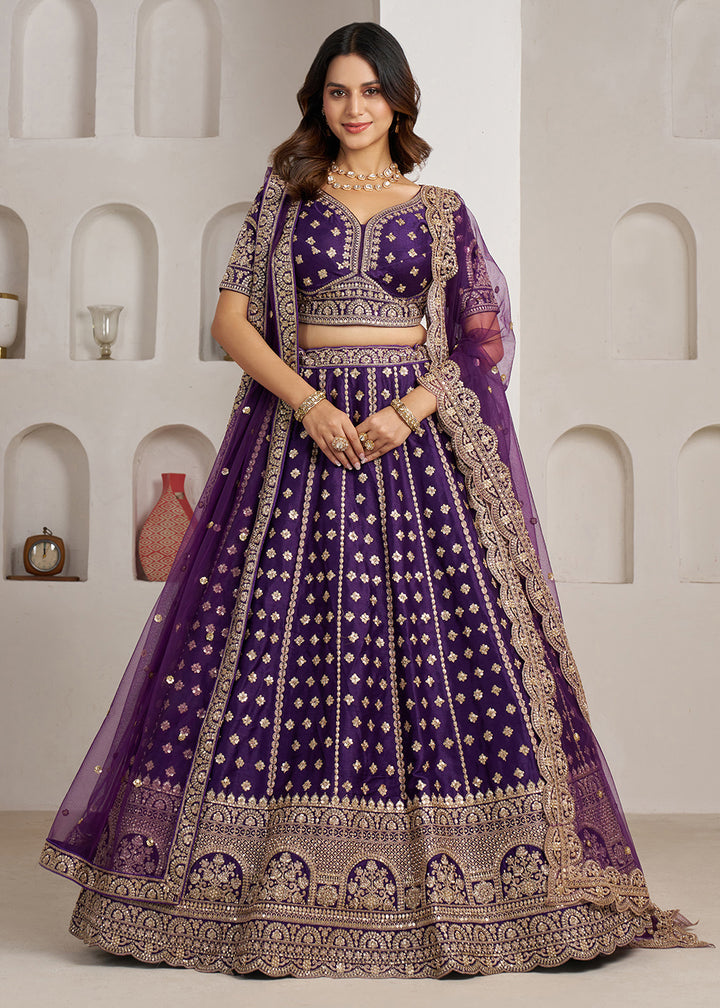Buy Now Elegant Purple Bridal Lehenga with Double Dupatta Styling Online in US, UK, Canada, France, Italy, Greece, Sweden, Denmark, UAE &amp; Worldwide at Empress.