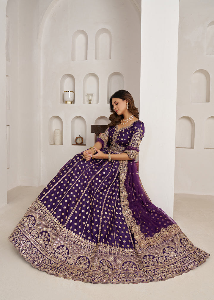 Buy Now Elegant Purple Bridal Lehenga with Double Dupatta Styling Online in US, UK, Canada, France, Italy, Greece, Sweden, Denmark, UAE &amp; Worldwide at Empress.