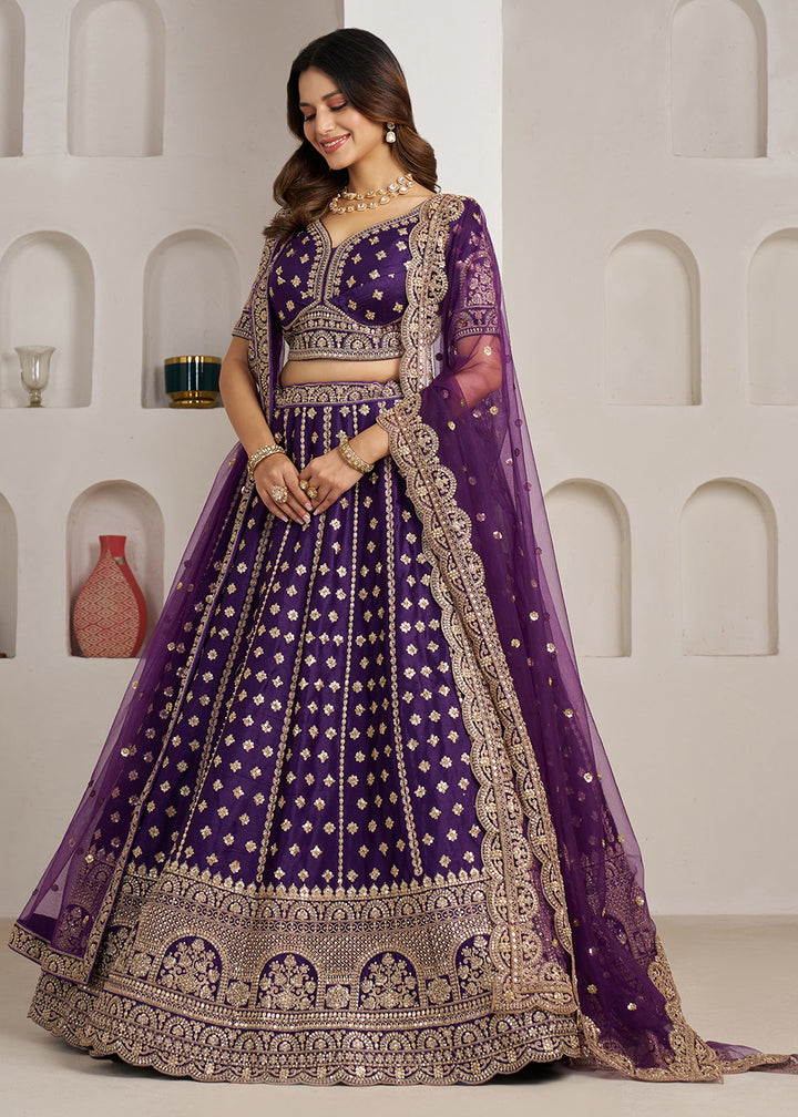 Buy Now Elegant Purple Bridal Lehenga with Double Dupatta Styling Online in US, UK, Canada, France, Italy, Greece, Sweden, Denmark, UAE &amp; Worldwide at Empress.