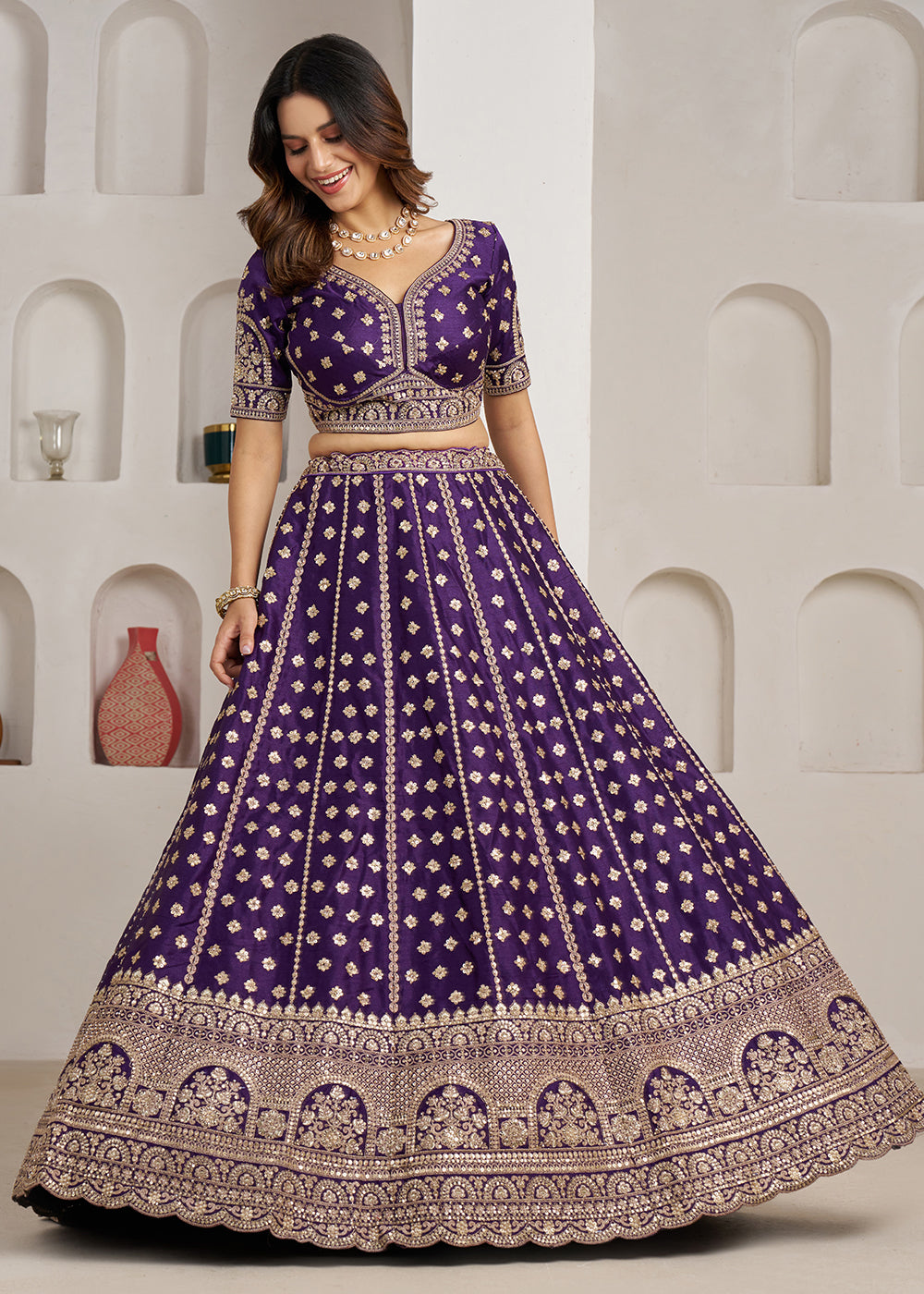 Buy Now Elegant Purple Bridal Lehenga with Double Dupatta Styling Online in US, UK, Canada, France, Italy, Greece, Sweden, Denmark, UAE &amp; Worldwide at Empress.