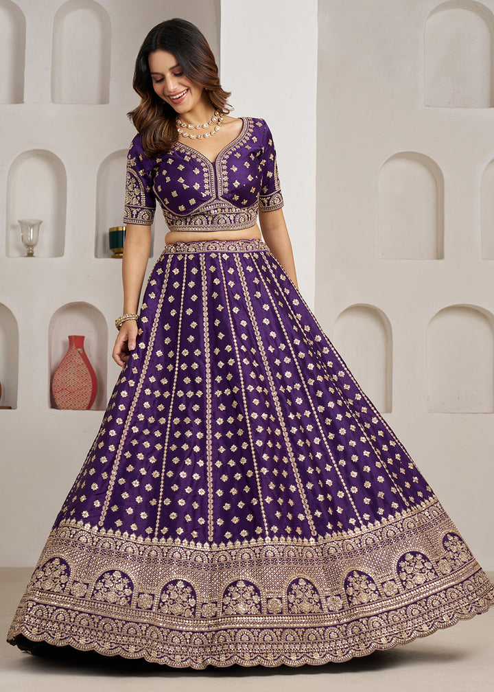 Buy Now Elegant Purple Bridal Lehenga with Double Dupatta Styling Online in US, UK, Canada, France, Italy, Greece, Sweden, Denmark, UAE &amp; Worldwide at Empress.