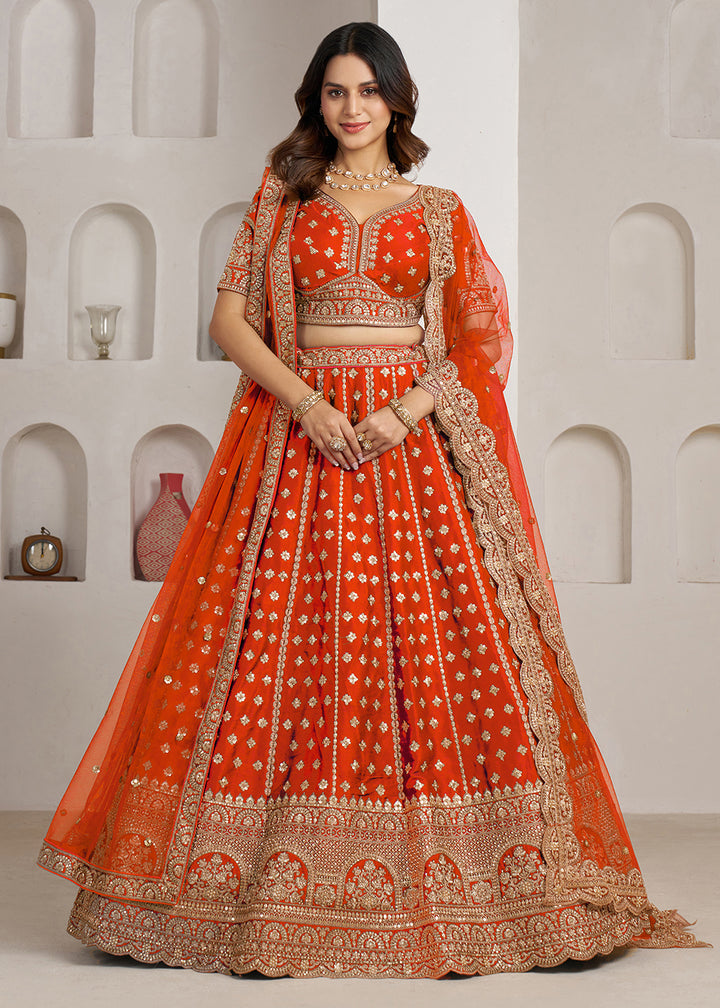 Buy Now Elegant Rust Bridal Lehenga with Double Dupatta Styling Online in US, UK, Canada, France, Italy, Greece, Sweden, Denmark, UAE &amp; Worldwide at Empress.