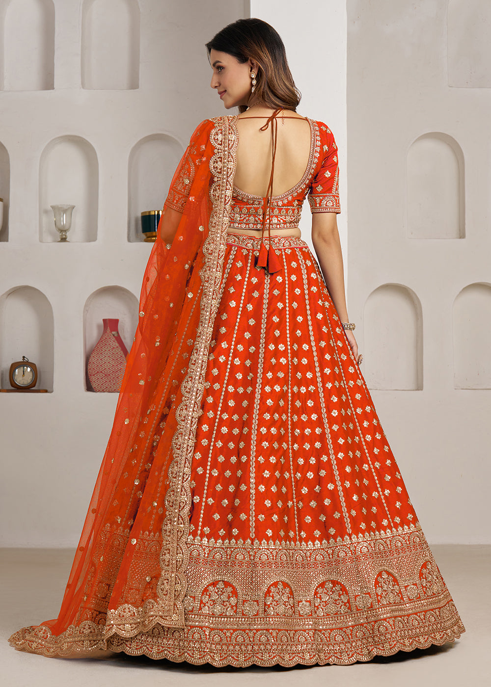 Buy Now Elegant Rust Bridal Lehenga with Double Dupatta Styling Online in US, UK, Canada, France, Italy, Greece, Sweden, Denmark, UAE &amp; Worldwide at Empress.