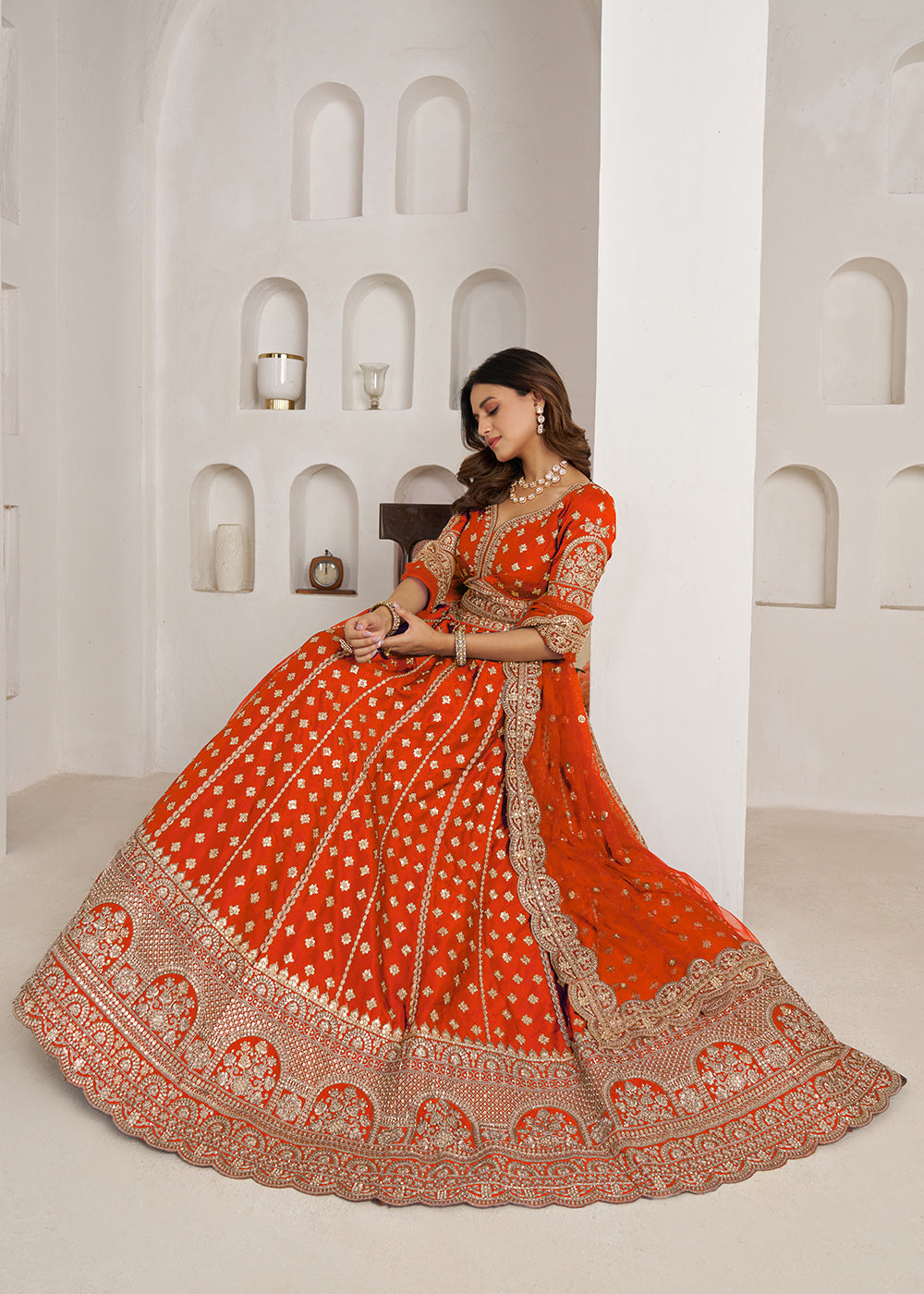 Buy Now Elegant Rust Bridal Lehenga with Double Dupatta Styling Online in US, UK, Canada, France, Italy, Greece, Sweden, Denmark, UAE &amp; Worldwide at Empress.