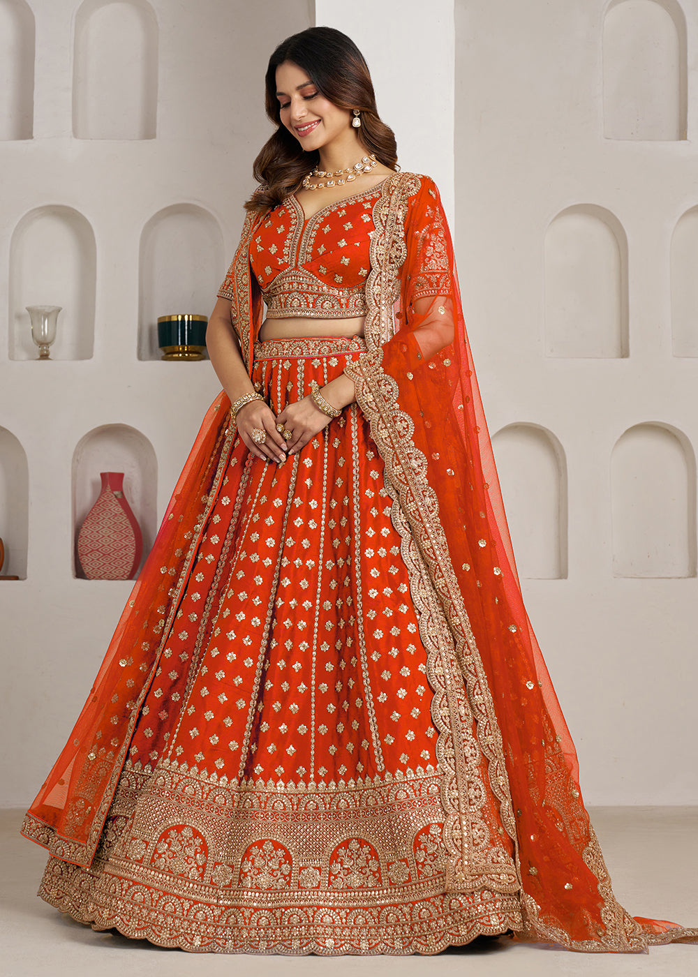 Buy Now Elegant Rust Bridal Lehenga with Double Dupatta Styling Online in US, UK, Canada, France, Italy, Greece, Sweden, Denmark, UAE &amp; Worldwide at Empress.
