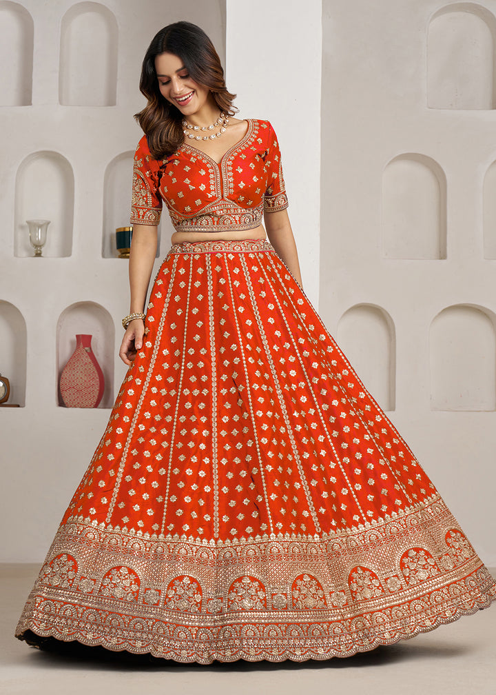 Buy Now Elegant Rust Bridal Lehenga with Double Dupatta Styling Online in US, UK, Canada, France, Italy, Greece, Sweden, Denmark, UAE &amp; Worldwide at Empress.