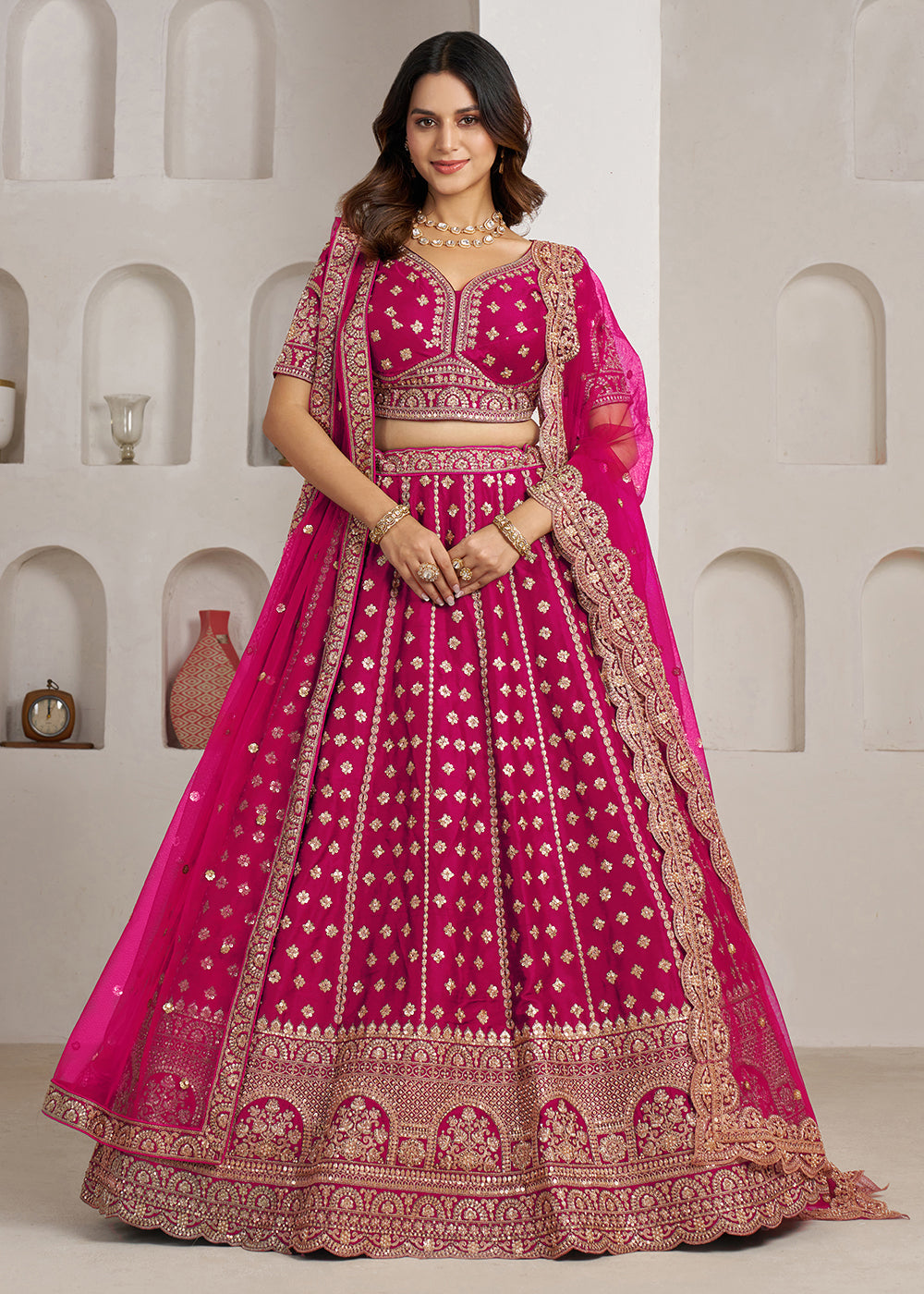 Buy Now Elegant Pink Bridal Lehenga with Double Dupatta Styling Online in US, UK, Canada, France, Italy, Greece, Sweden, Denmark, UAE & Worldwide at Empress.