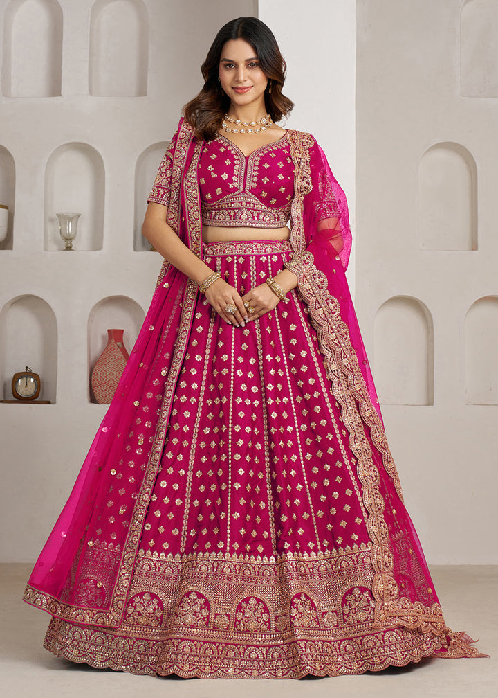 Buy Now Elegant Pink Bridal Lehenga with Double Dupatta Styling Online in US, UK, Canada, France, Italy, Greece, Sweden, Denmark, UAE &amp; Worldwide at Empress.