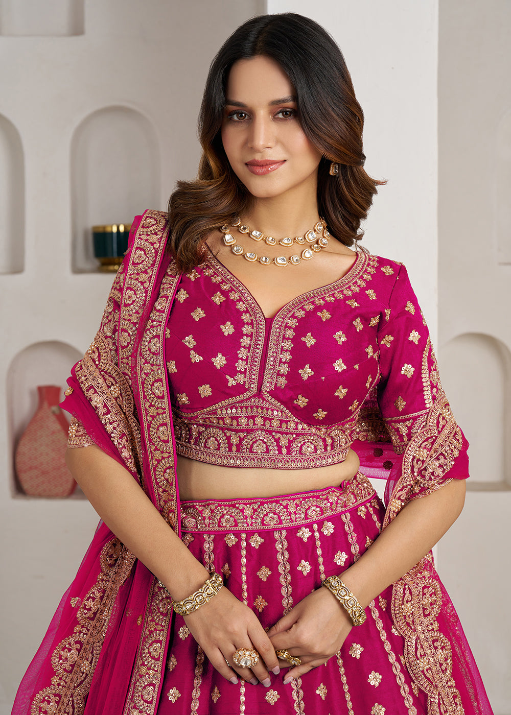 Buy Now Elegant Pink Bridal Lehenga with Double Dupatta Styling Online in US, UK, Canada, France, Italy, Greece, Sweden, Denmark, UAE & Worldwide at Empress.