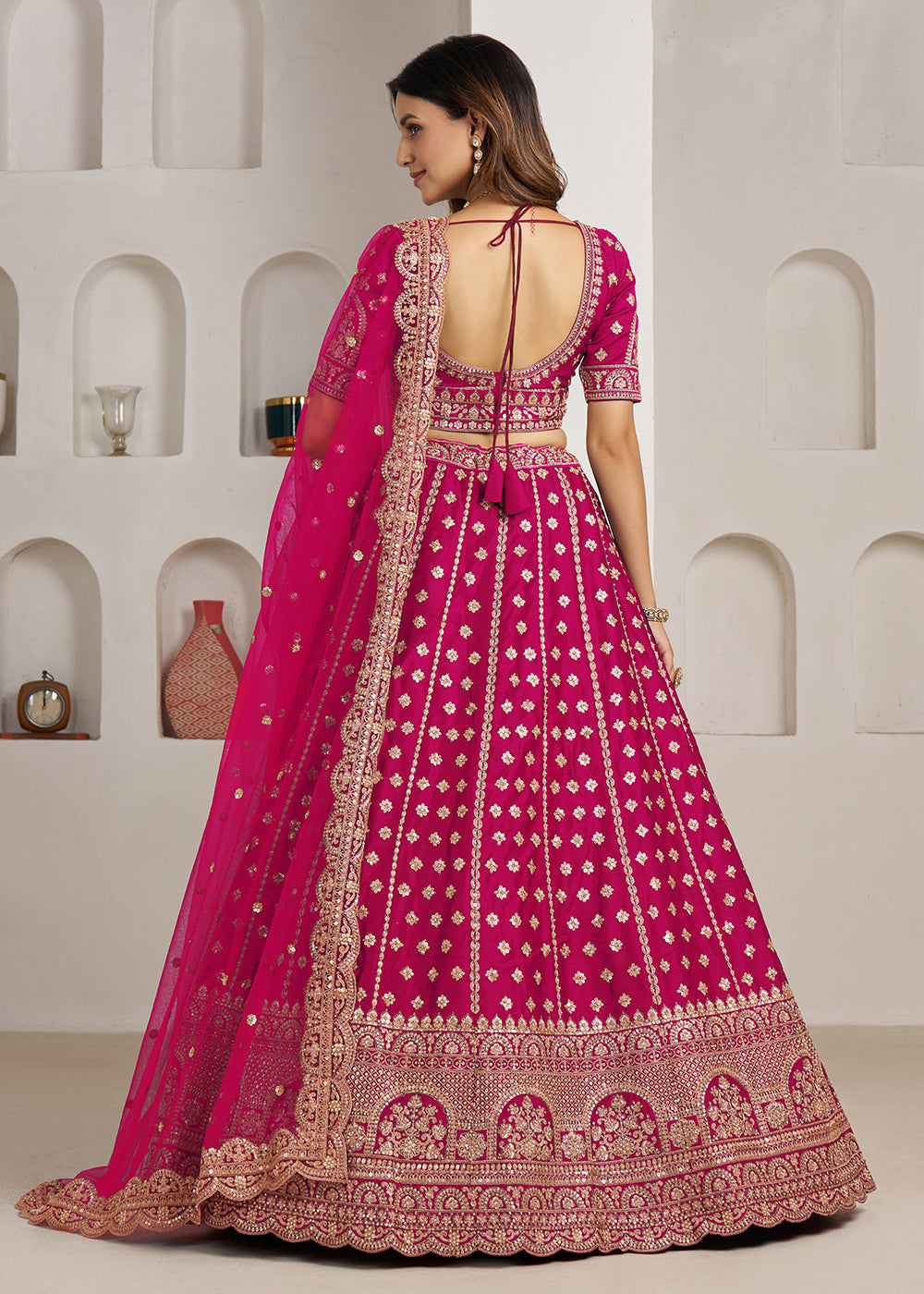 Buy Now Elegant Pink Bridal Lehenga with Double Dupatta Styling Online in US, UK, Canada, France, Italy, Greece, Sweden, Denmark, UAE &amp; Worldwide at Empress.