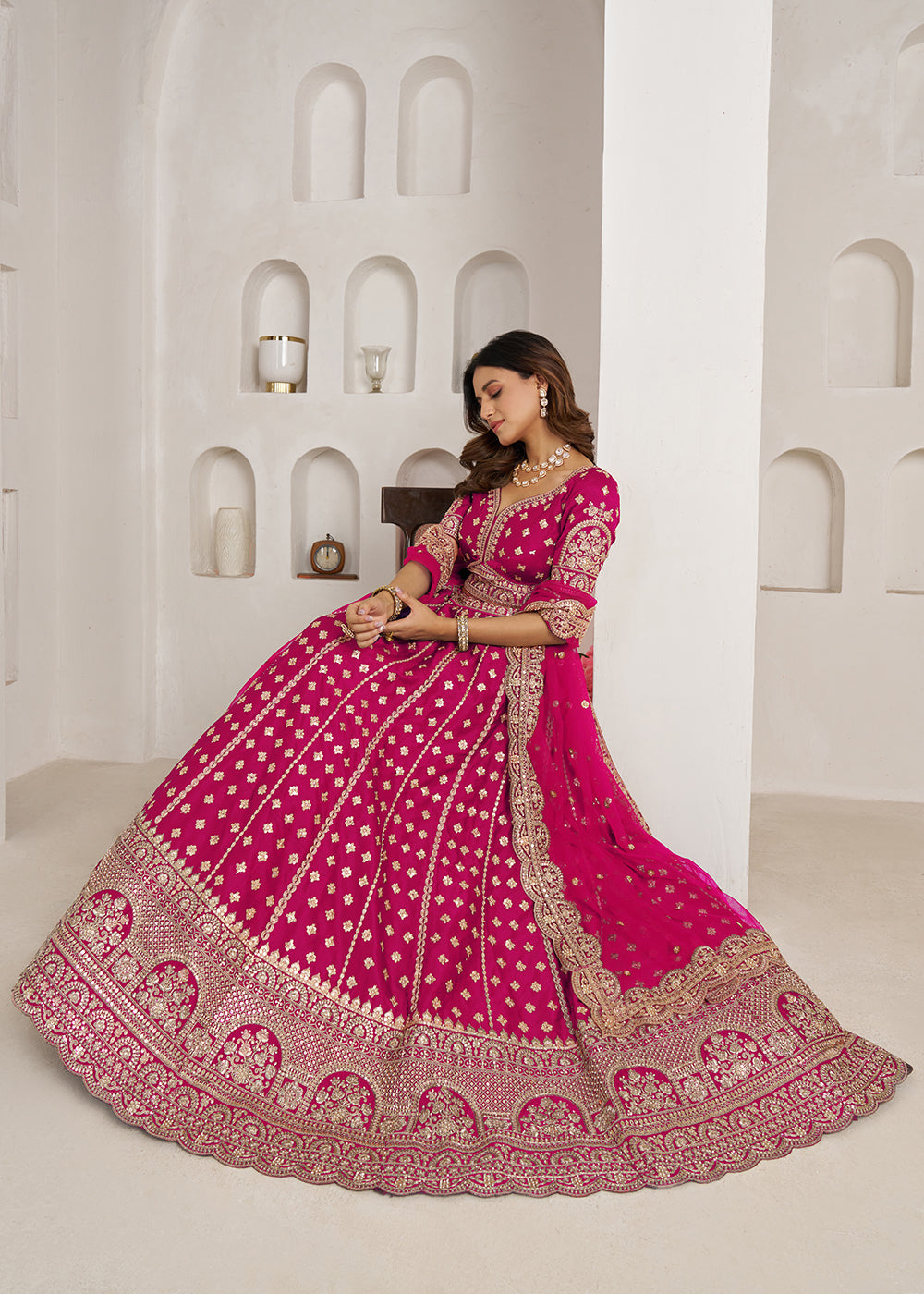 Buy Now Elegant Pink Bridal Lehenga with Double Dupatta Styling Online in US, UK, Canada, France, Italy, Greece, Sweden, Denmark, UAE &amp; Worldwide at Empress.