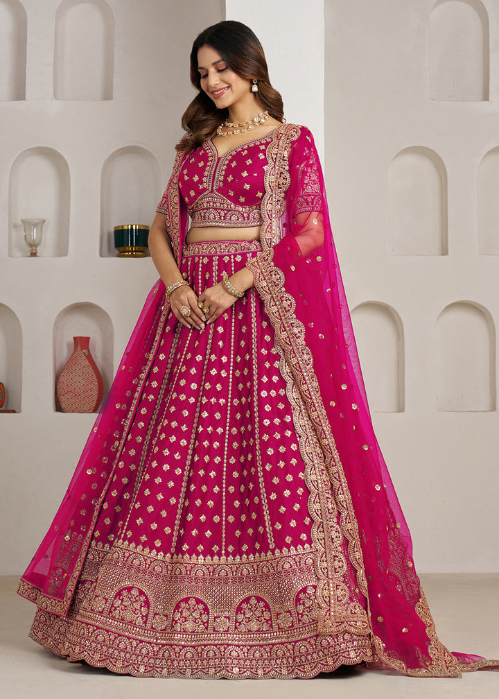 Buy Now Elegant Pink Bridal Lehenga with Double Dupatta Styling Online in US, UK, Canada, France, Italy, Greece, Sweden, Denmark, UAE &amp; Worldwide at Empress.