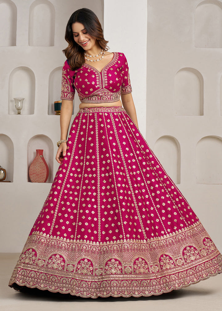Buy Now Elegant Pink Bridal Lehenga with Double Dupatta Styling Online in US, UK, Canada, France, Italy, Greece, Sweden, Denmark, UAE &amp; Worldwide at Empress.