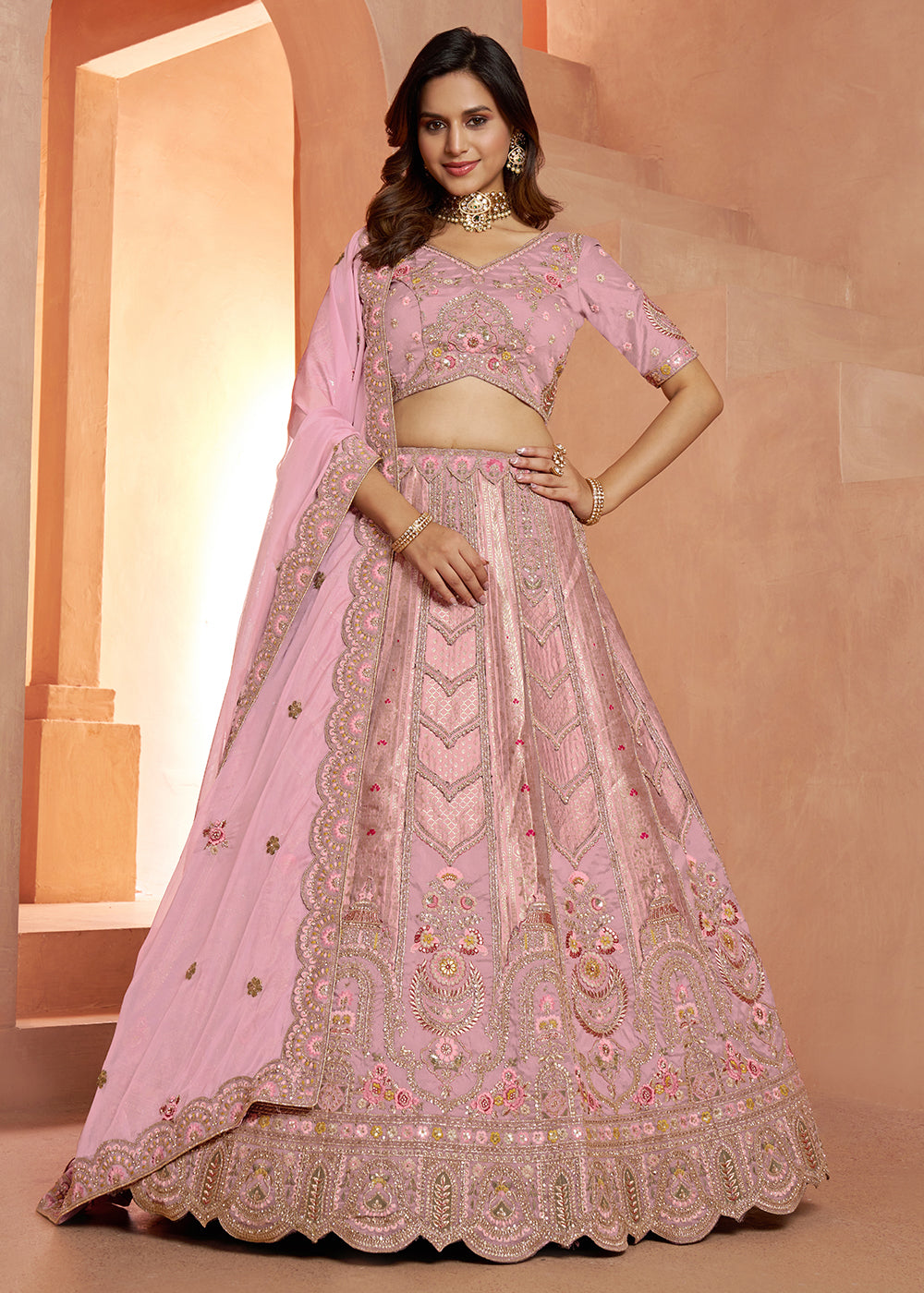 Buy Now Classic Rani Silk Bridal Lehenga with Floral Zari Embroidery Online in US, UK, Canada, France, Italy, Greece, Sweden, Denmark & Worldwide at Empress.