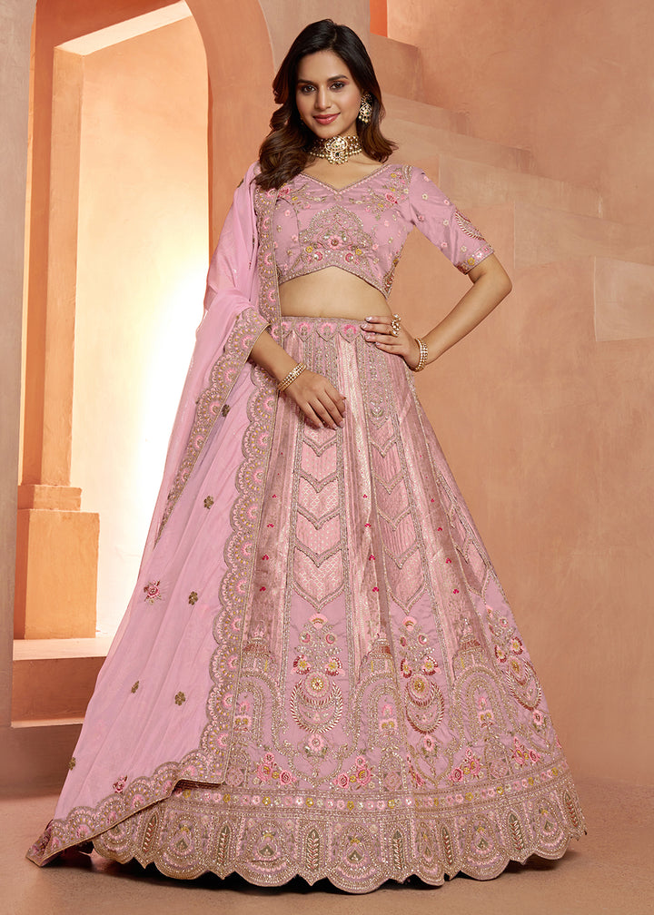 Buy Now Classic Rani Silk Bridal Lehenga with Floral Zari Embroidery Online in US, UK, Canada, France, Italy, Greece, Sweden, Denmark &amp; Worldwide at Empress.