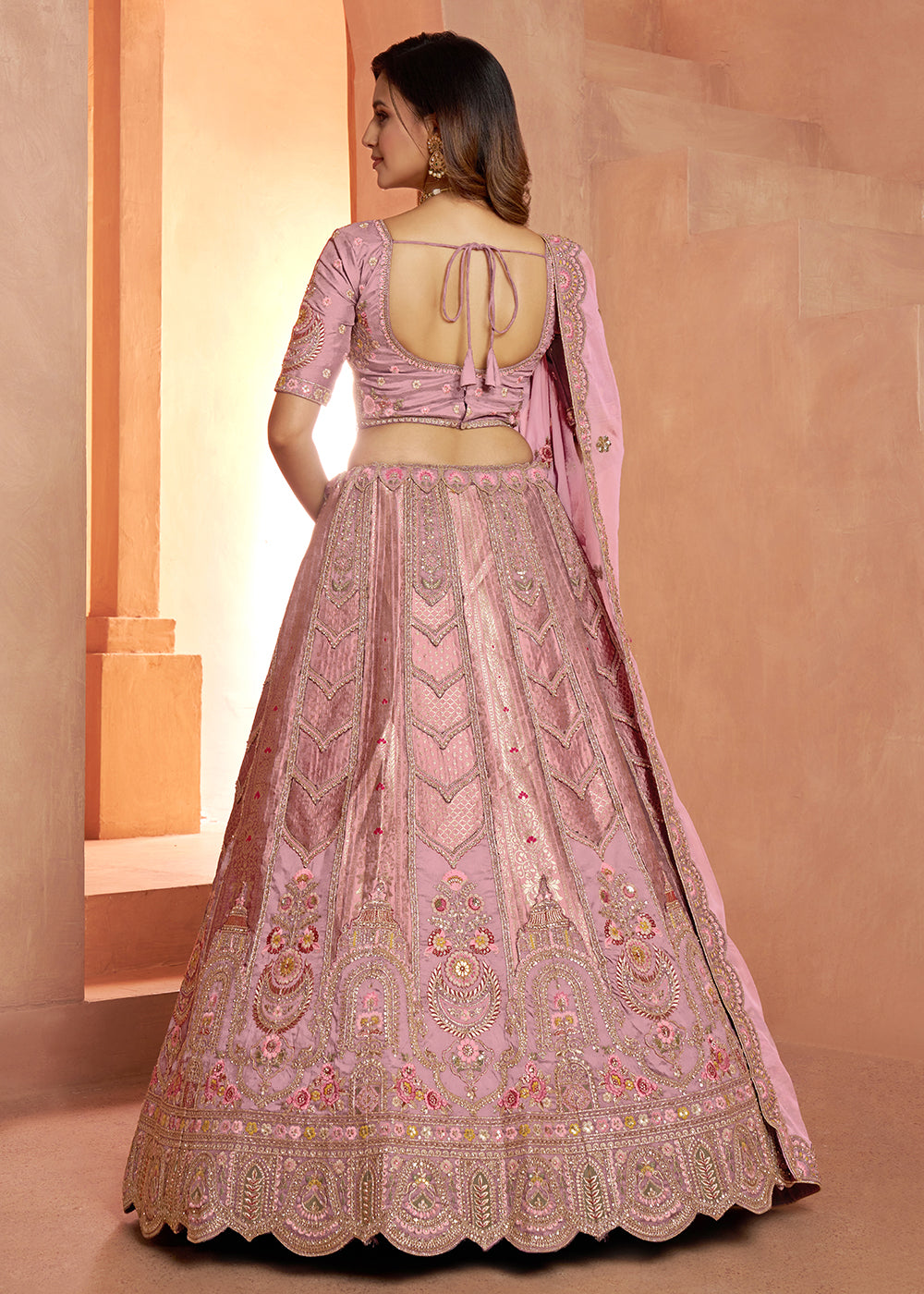Buy Now Classic Rani Silk Bridal Lehenga with Floral Zari Embroidery Online in US, UK, Canada, France, Italy, Greece, Sweden, Denmark &amp; Worldwide at Empress.
