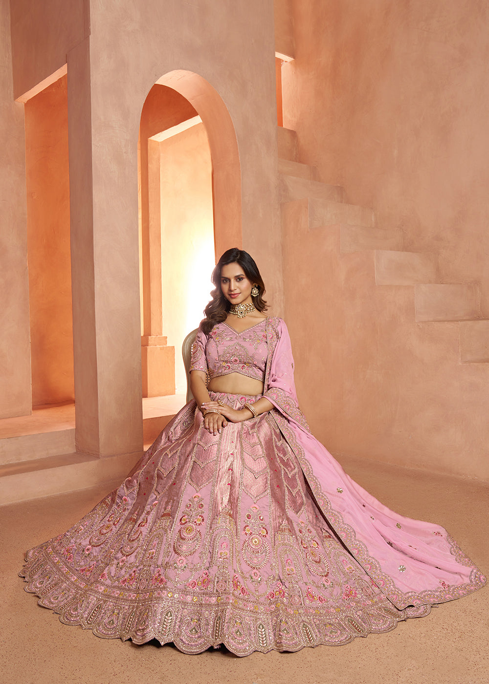 Buy Now Classic Rani Silk Bridal Lehenga with Floral Zari Embroidery Online in US, UK, Canada, France, Italy, Greece, Sweden, Denmark &amp; Worldwide at Empress.