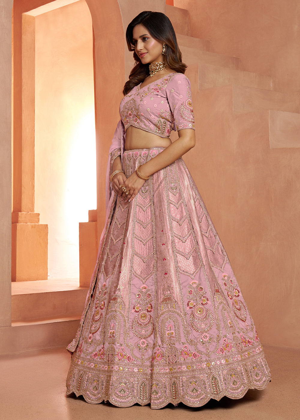 Buy Now Classic Rani Silk Bridal Lehenga with Floral Zari Embroidery Online in US, UK, Canada, France, Italy, Greece, Sweden, Denmark &amp; Worldwide at Empress.