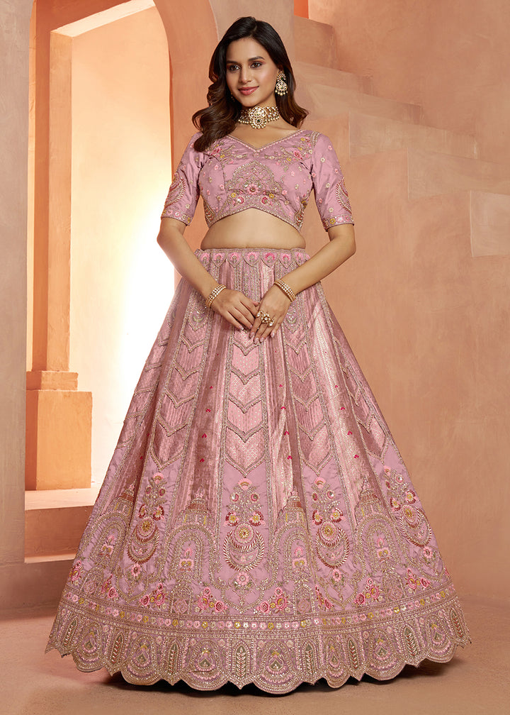 Buy Now Classic Rani Silk Bridal Lehenga with Floral Zari Embroidery Online in US, UK, Canada, France, Italy, Greece, Sweden, Denmark &amp; Worldwide at Empress.