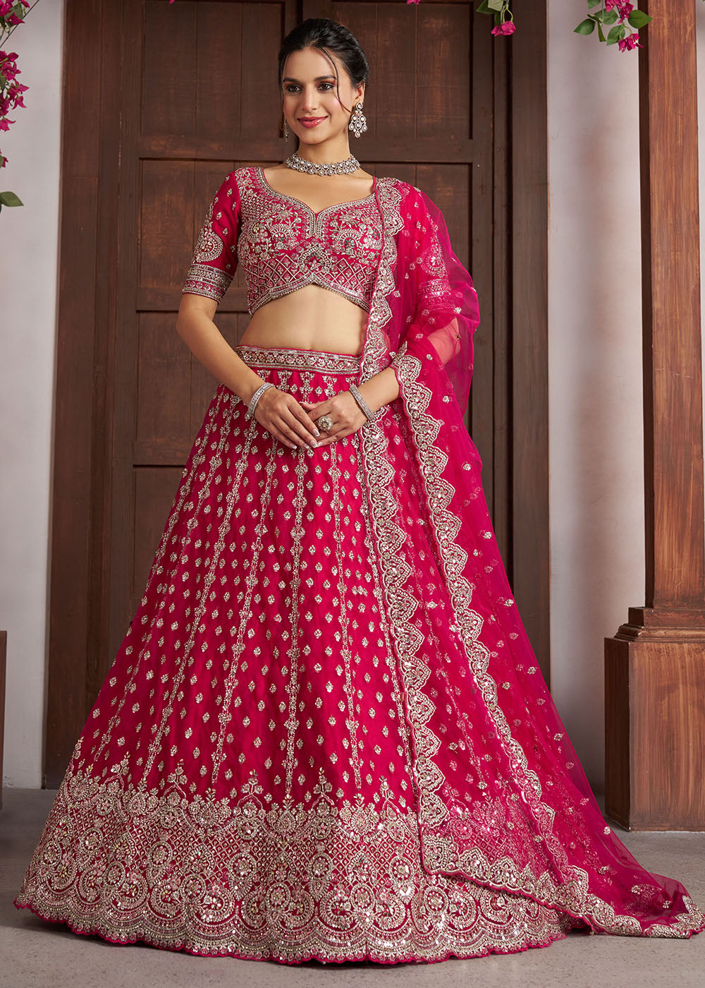Buy Now Elegant Rani Pink Lehenga with Heavy Silver Zari & Beads Detailing Online in US, UK, Canada, France, Italy, Greece, Sweden, UAE & Worldwide at Empress.