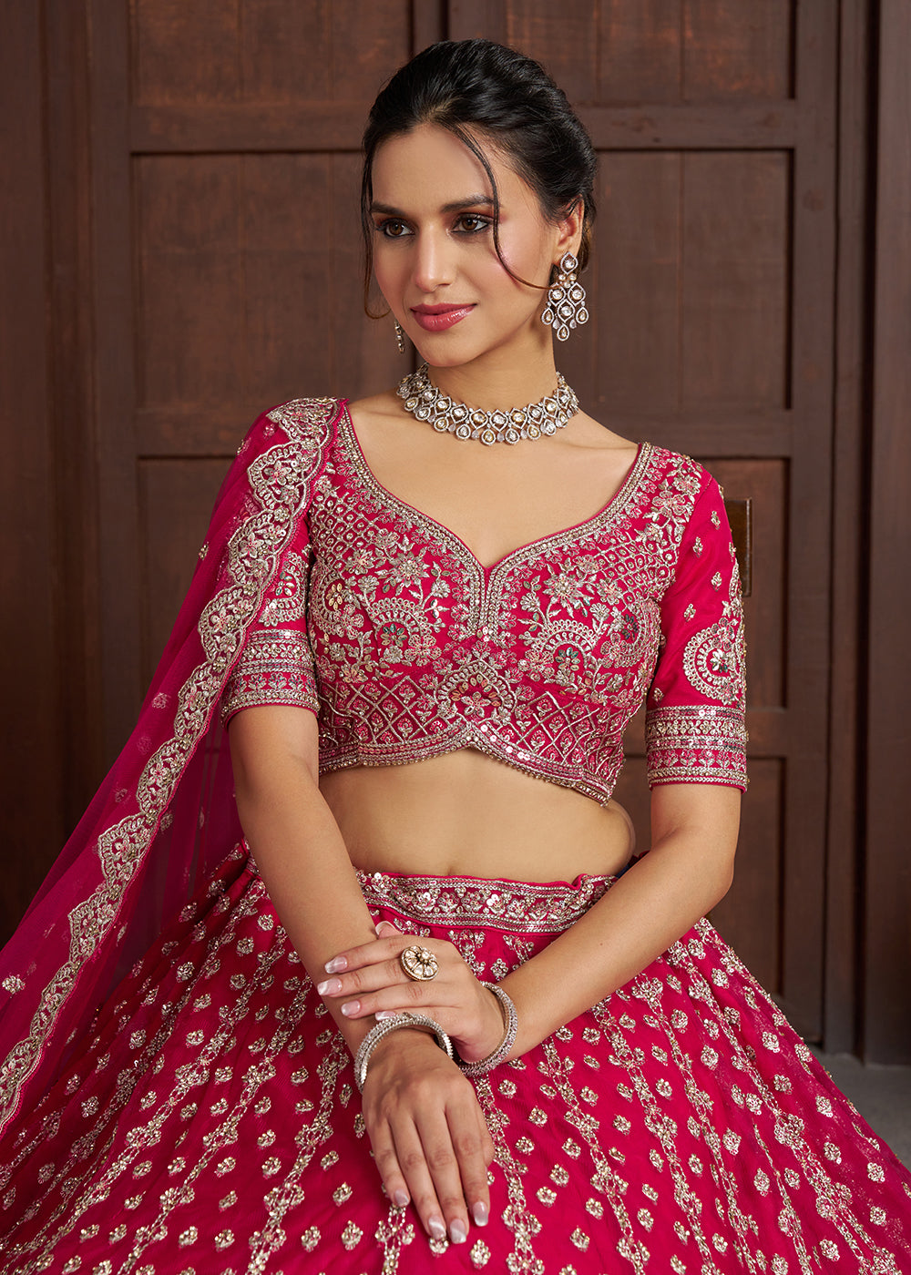 Buy Now Elegant Rani Pink Lehenga with Heavy Silver Zari &amp; Beads Detailing Online in US, UK, Canada, France, Italy, Greece, Sweden, UAE &amp; Worldwide at Empress.