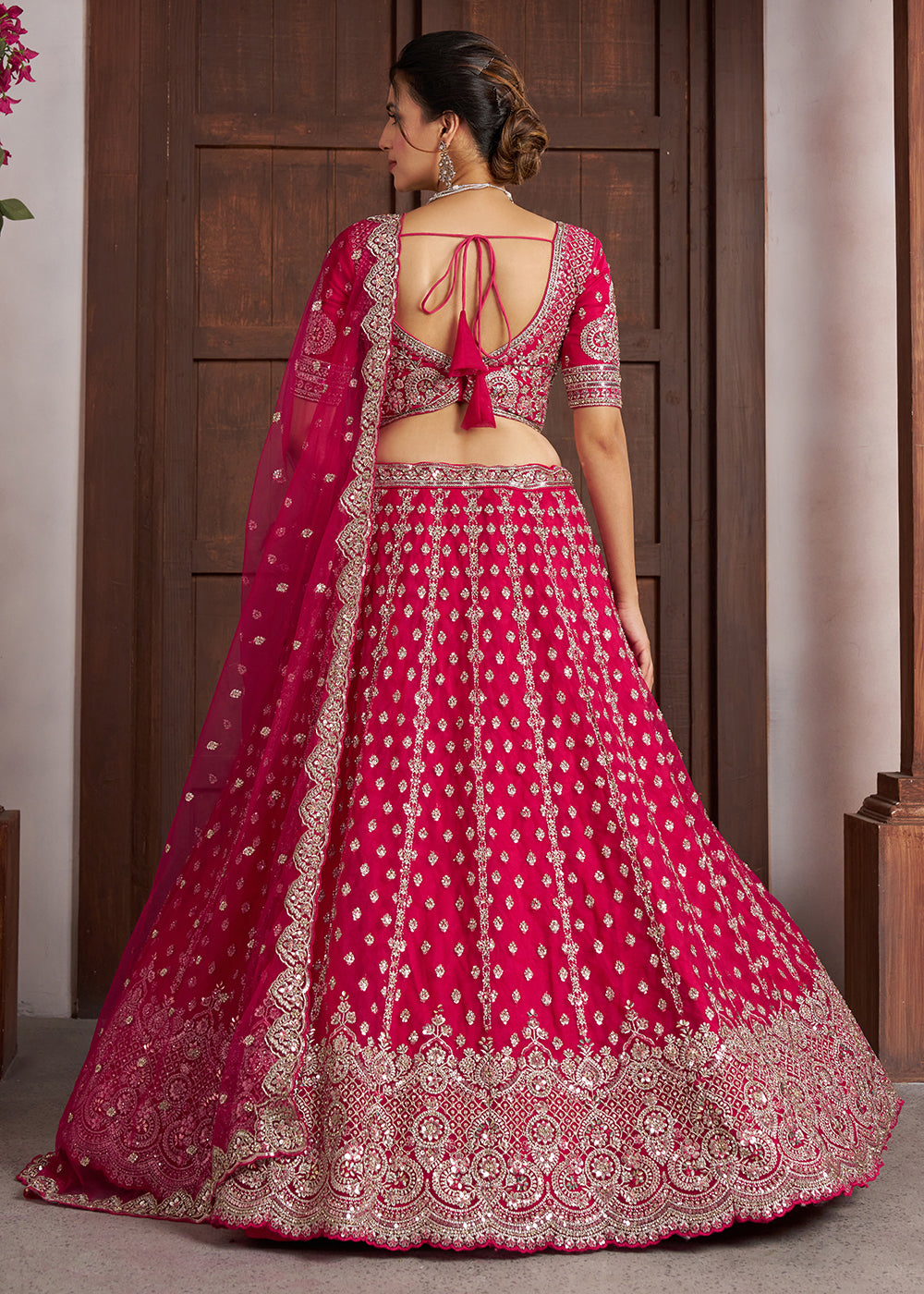 Buy Now Elegant Rani Pink Lehenga with Heavy Silver Zari &amp; Beads Detailing Online in US, UK, Canada, France, Italy, Greece, Sweden, UAE &amp; Worldwide at Empress.