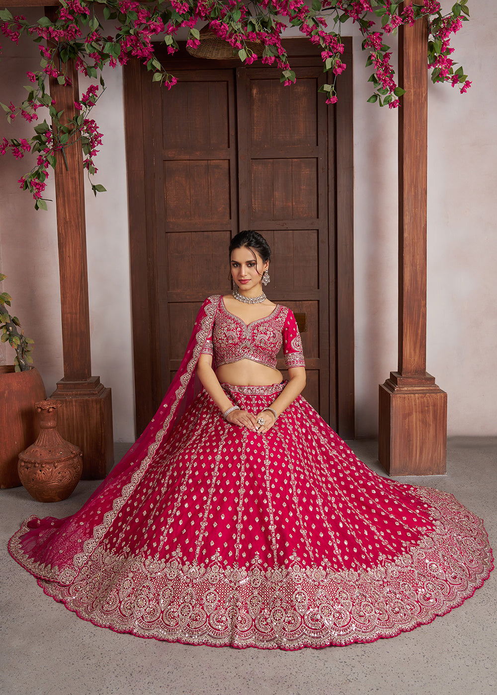 Buy Now Elegant Rani Pink Lehenga with Heavy Silver Zari &amp; Beads Detailing Online in US, UK, Canada, France, Italy, Greece, Sweden, UAE &amp; Worldwide at Empress.