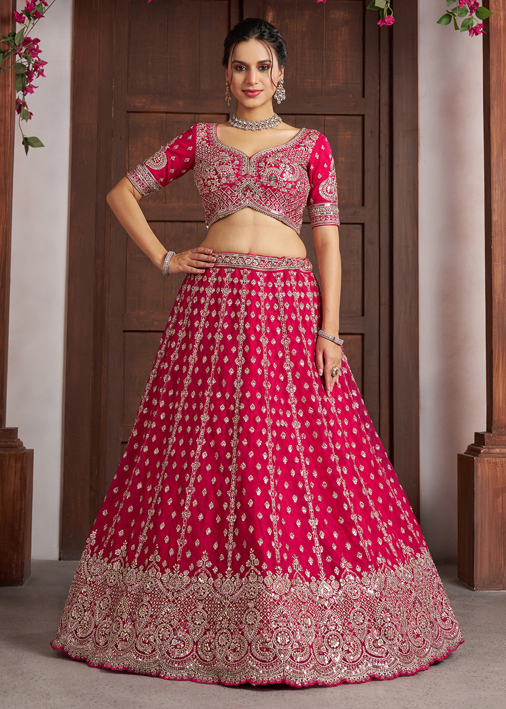 Buy Now Elegant Rani Pink Lehenga with Heavy Silver Zari &amp; Beads Detailing Online in US, UK, Canada, France, Italy, Greece, Sweden, UAE &amp; Worldwide at Empress.