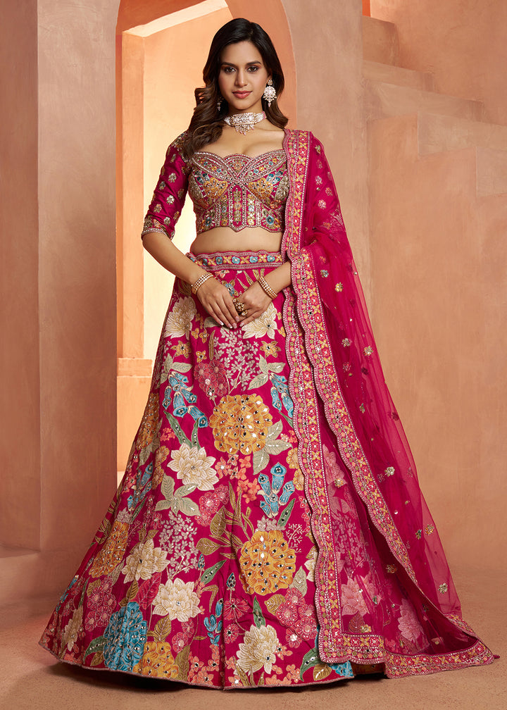 Buy Now Glamorous Rani Lehenga with All-Over Mirror Work &amp; Floral Artistry Online in US, UK, Canada, France, Italy, Greece, Sweden, UAE &amp; Worldwide at Empress.