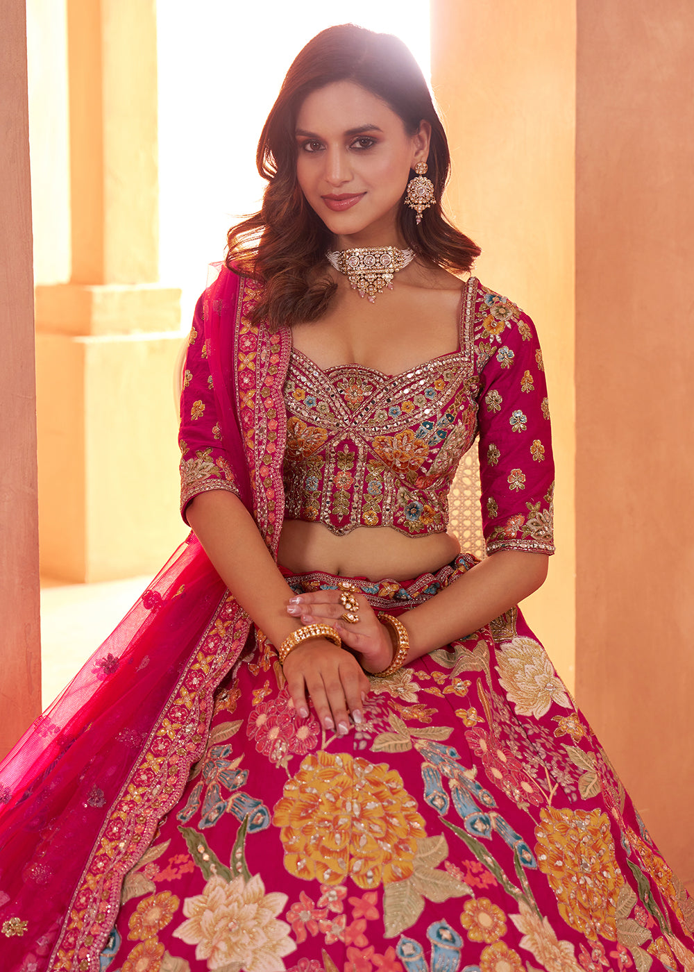 Buy Now Glamorous Rani Lehenga with All-Over Mirror Work & Floral Artistry Online in US, UK, Canada, France, Italy, Greece, Sweden, UAE & Worldwide at Empress.