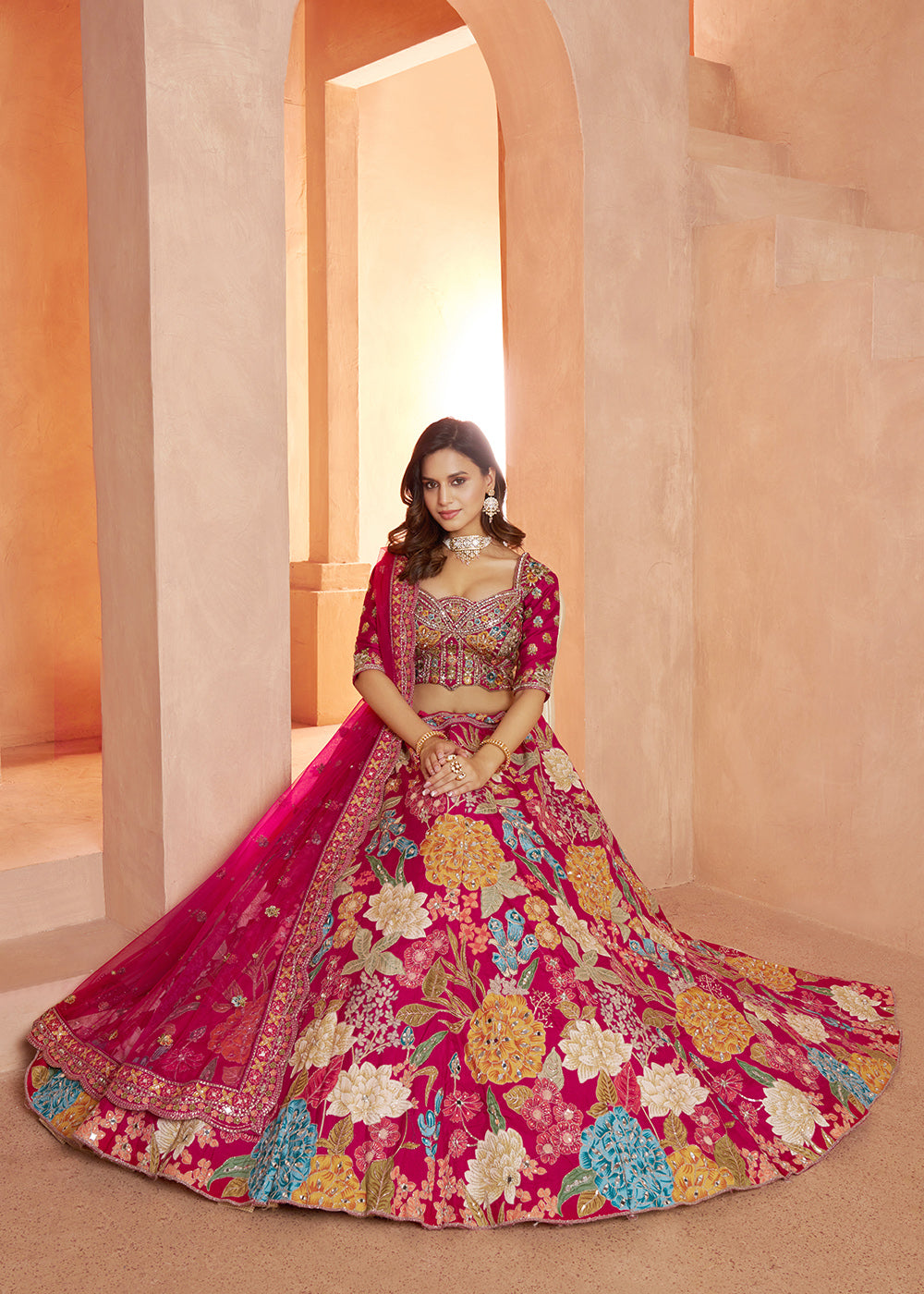 Buy Now Glamorous Rani Lehenga with All-Over Mirror Work &amp; Floral Artistry Online in US, UK, Canada, France, Italy, Greece, Sweden, UAE &amp; Worldwide at Empress.