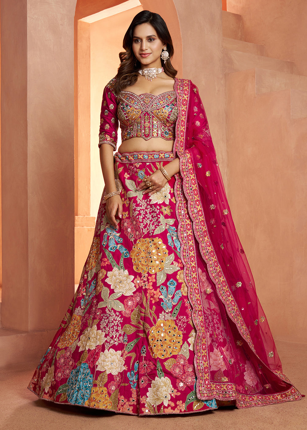 Buy Now Glamorous Rani Lehenga with All-Over Mirror Work &amp; Floral Artistry Online in US, UK, Canada, France, Italy, Greece, Sweden, UAE &amp; Worldwide at Empress.