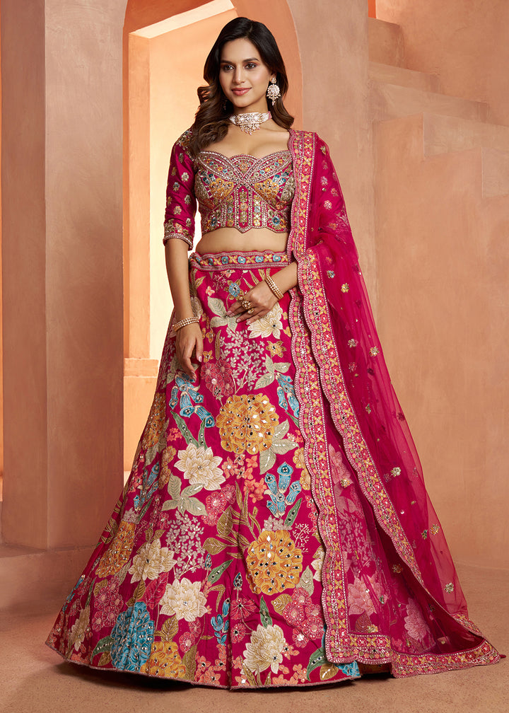 Buy Now Glamorous Rani Lehenga with All-Over Mirror Work &amp; Floral Artistry Online in US, UK, Canada, France, Italy, Greece, Sweden, UAE &amp; Worldwide at Empress.