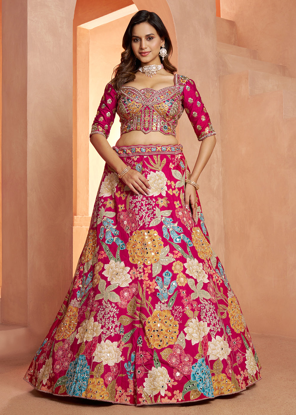 Buy Now Glamorous Rani Lehenga with All-Over Mirror Work &amp; Floral Artistry Online in US, UK, Canada, France, Italy, Greece, Sweden, UAE &amp; Worldwide at Empress.