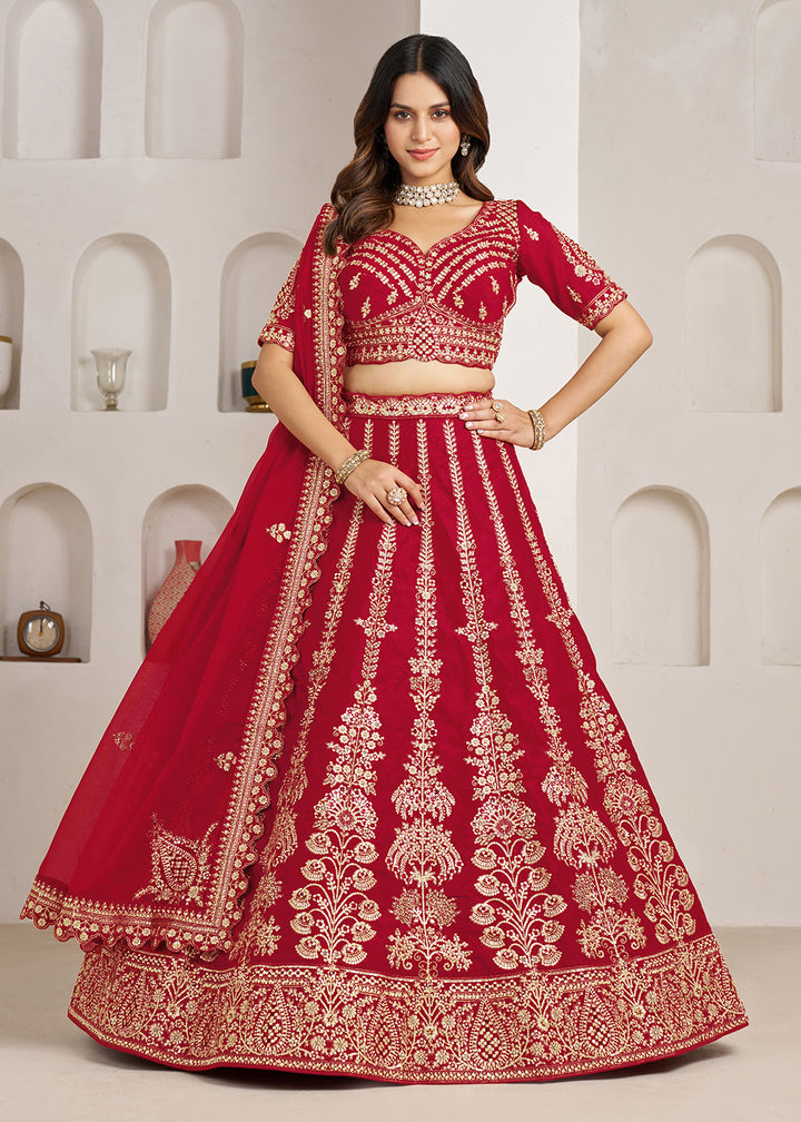Buy Now Red Wedding Lehenga Adorned with Floral Zari Embroidery Online in US, UK, Canada, France, Italy, Greece, Sweden, UAE, Denmark &amp; Worldwide at Empress.