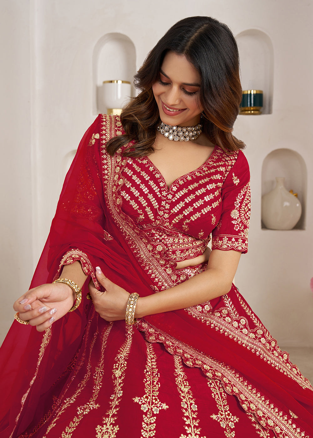 Buy Now Red Wedding Lehenga Adorned with Floral Zari Embroidery Online in US, UK, Canada, France, Italy, Greece, Sweden, UAE, Denmark &amp; Worldwide at Empress.