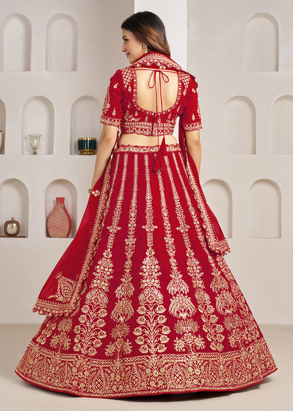 Buy Now Red Wedding Lehenga Adorned with Floral Zari Embroidery Online in US, UK, Canada, France, Italy, Greece, Sweden, UAE, Denmark &amp; Worldwide at Empress.
