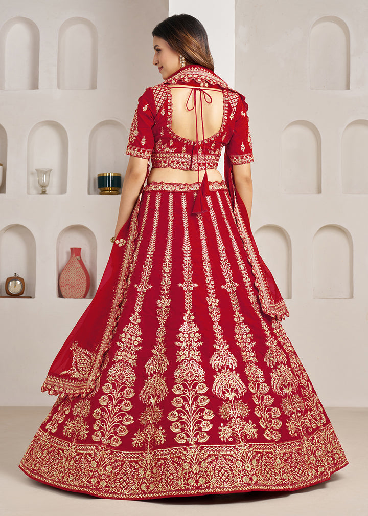 Buy Now Red Wedding Lehenga Adorned with Floral Zari Embroidery Online in US, UK, Canada, France, Italy, Greece, Sweden, UAE, Denmark &amp; Worldwide at Empress.