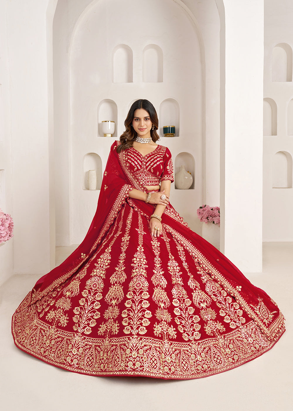 Buy Now Red Wedding Lehenga Adorned with Floral Zari Embroidery Online in US, UK, Canada, France, Italy, Greece, Sweden, UAE, Denmark &amp; Worldwide at Empress.