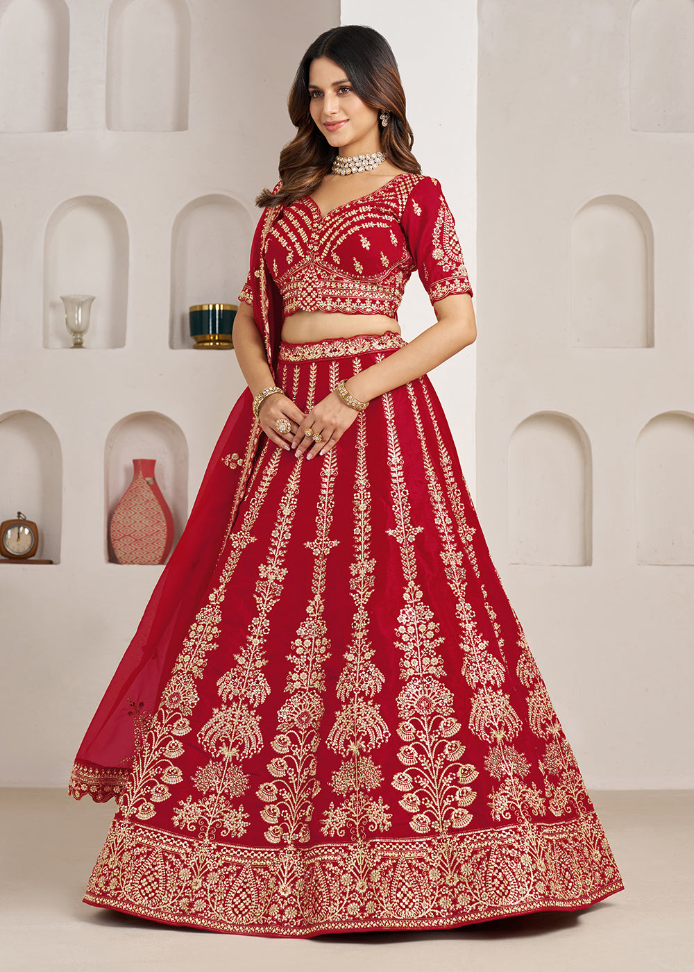Buy Now Red Wedding Lehenga Adorned with Floral Zari Embroidery Online in US, UK, Canada, France, Italy, Greece, Sweden, UAE, Denmark &amp; Worldwide at Empress.