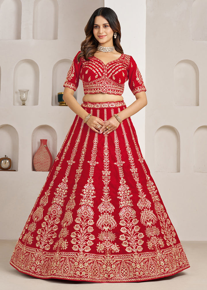 Buy Now Red Wedding Lehenga Adorned with Floral Zari Embroidery Online in US, UK, Canada, France, Italy, Greece, Sweden, UAE, Denmark &amp; Worldwide at Empress.