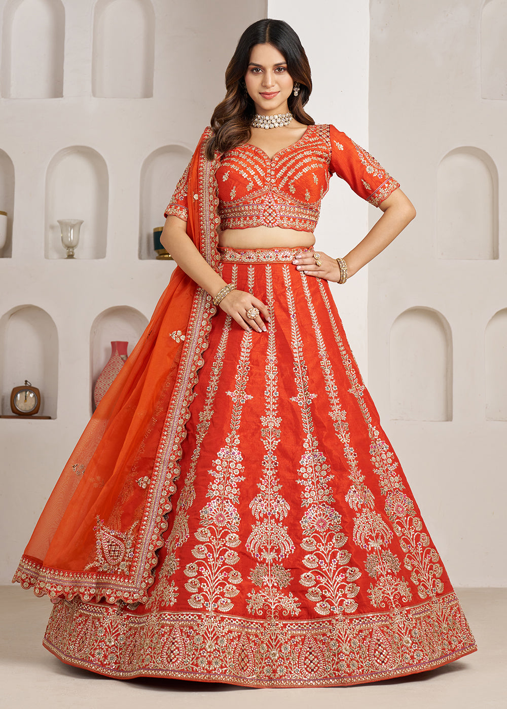 Buy Now Rust Wedding Lehenga Adorned with Floral Zari Embroidery Online in US, UK, Canada, France, Italy, Greece, Sweden, UAE, Denmark & Worldwide at Empress.