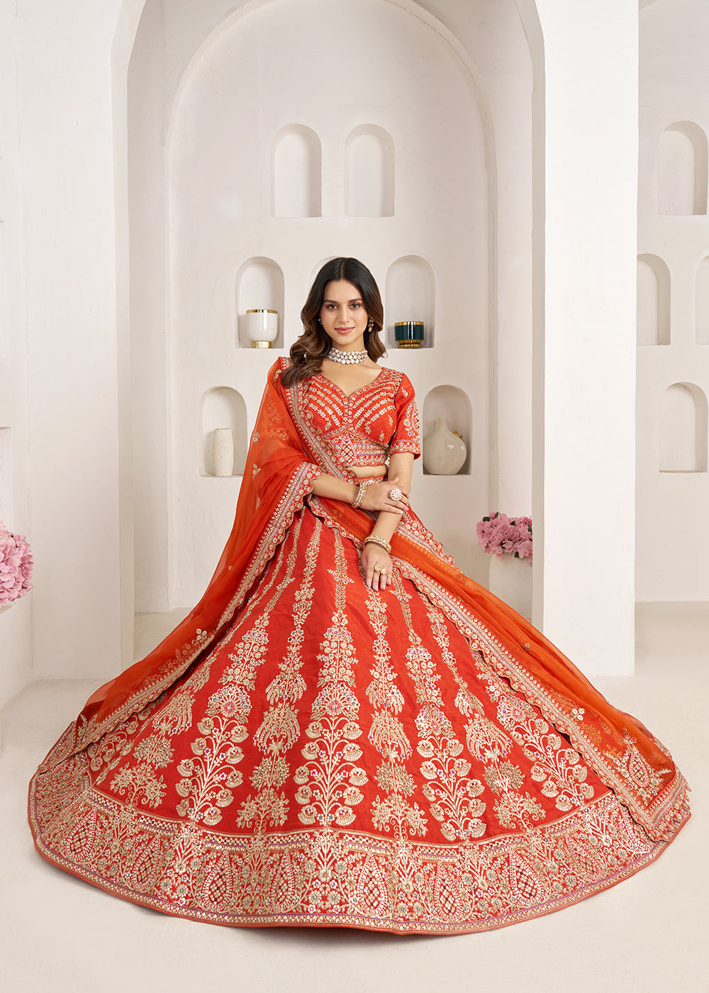 Buy Now Rust Wedding Lehenga Adorned with Floral Zari Embroidery Online in US, UK, Canada, France, Italy, Greece, Sweden, UAE, Denmark &amp; Worldwide at Empress.