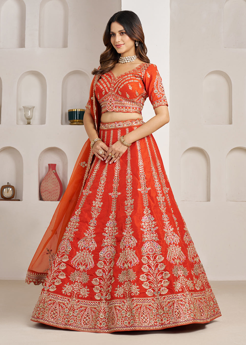 Buy Now Rust Wedding Lehenga Adorned with Floral Zari Embroidery Online in US, UK, Canada, France, Italy, Greece, Sweden, UAE, Denmark &amp; Worldwide at Empress.