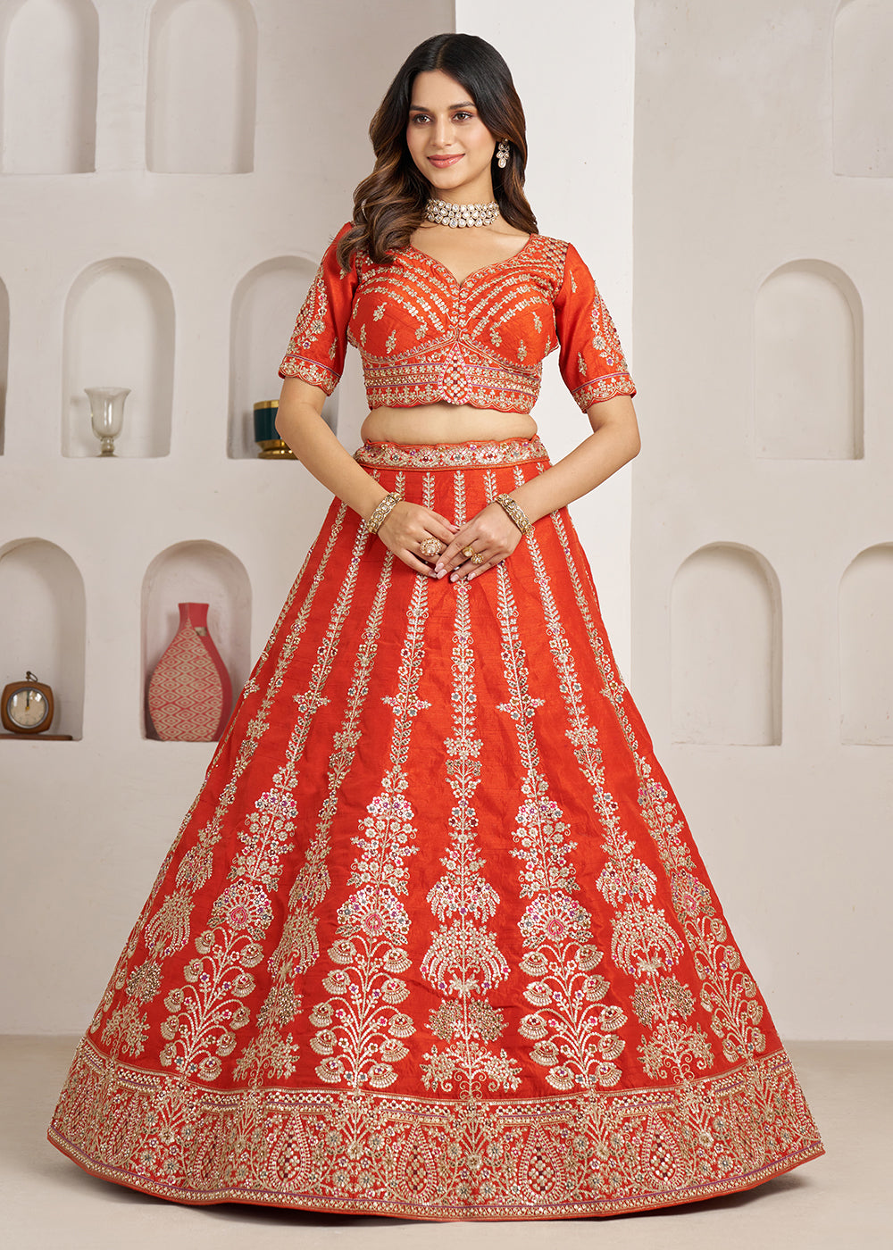 Buy Now Rust Wedding Lehenga Adorned with Floral Zari Embroidery Online in US, UK, Canada, France, Italy, Greece, Sweden, UAE, Denmark &amp; Worldwide at Empress.