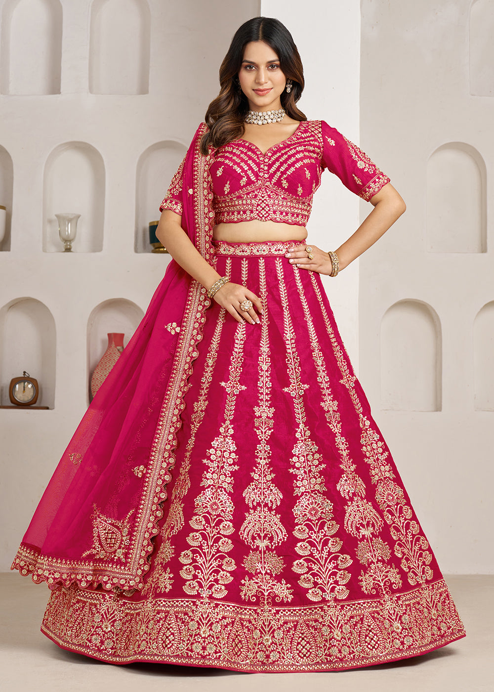 Buy Now Pink Wedding Lehenga Adorned with Floral Zari Embroidery Online in US, UK, Canada, France, Italy, Greece, Sweden, UAE, Denmark & Worldwide at Empress.